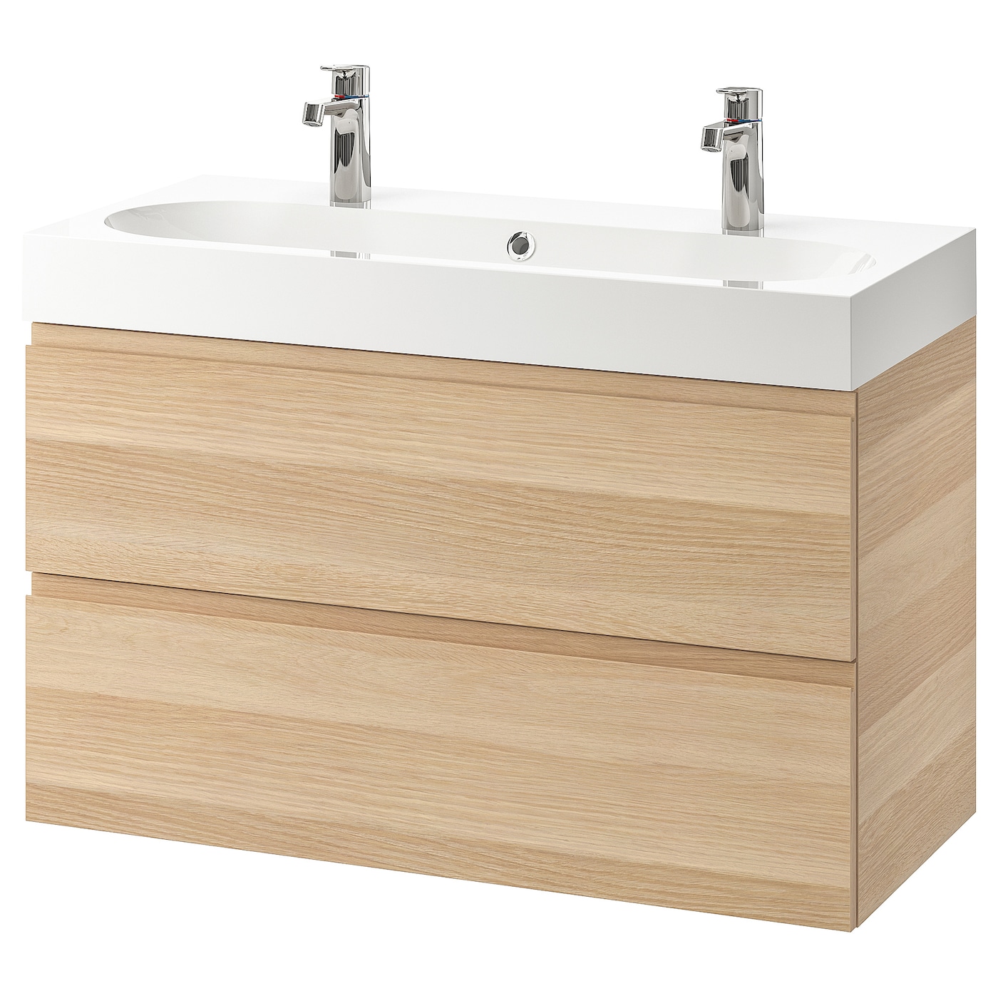 GODMORGON / BRåVIKEN - szafka pod umywalkę z 2 szufladami dąb bejcowany na biało/bateria brogrund