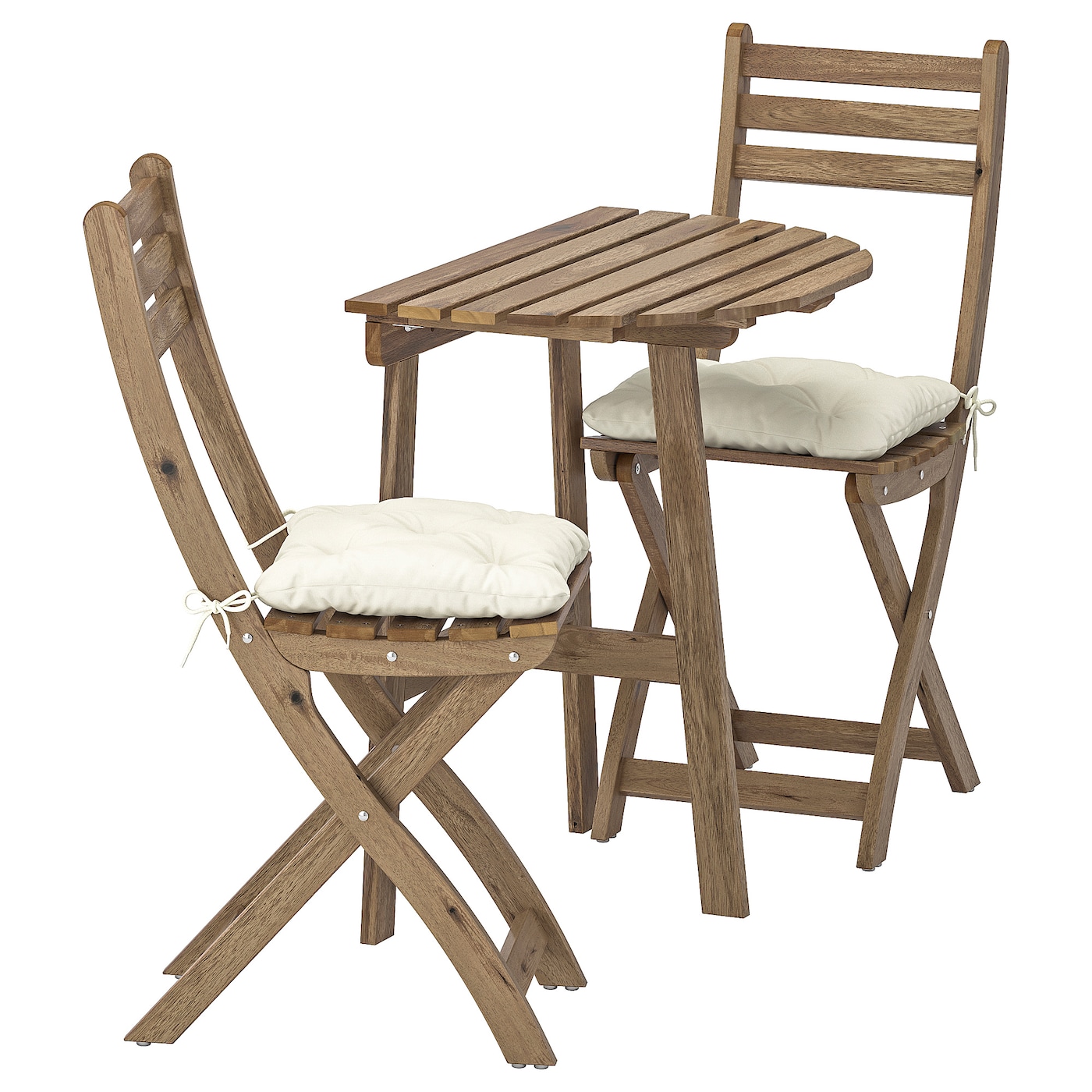 ASKHOLMEN - stół ogrodowy i 2 składane krzesła szarobrązowa bejca/kuddarna beżowy